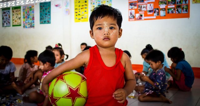 A young child playing in the recreation center at Mae Tao Clinic in Mae Sot, Thailand.